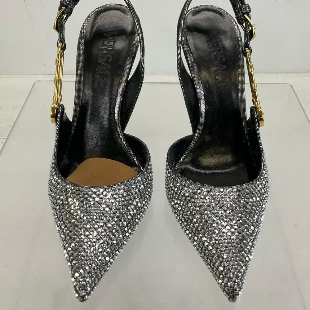 Versace Silver Gold Black Leather Bling Embellished Slingback Pumps 35.5 / US 5